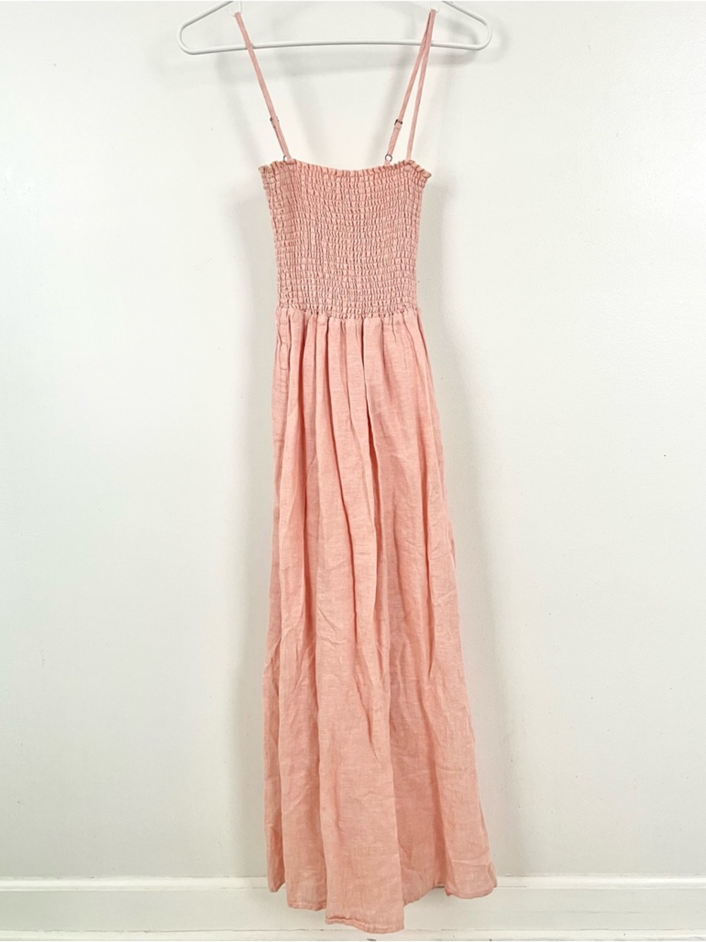 100% Linen Joie Blush Pink Persimmon Smocked Dress Adjustable Spaghetti Straps